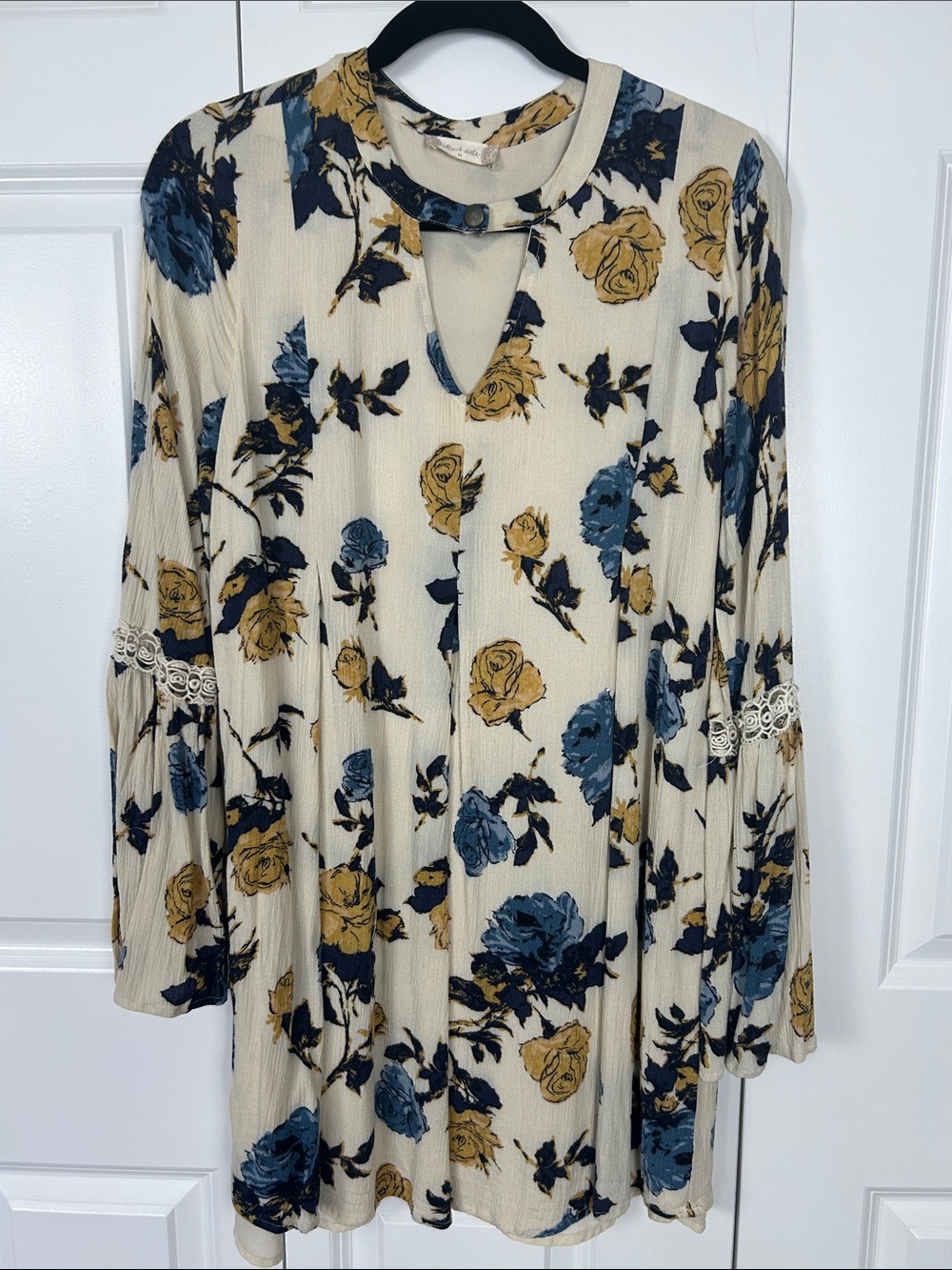 Altar'd State Cream Floral Keyhole Mini Dress with Blue & Mustard Roses Size M